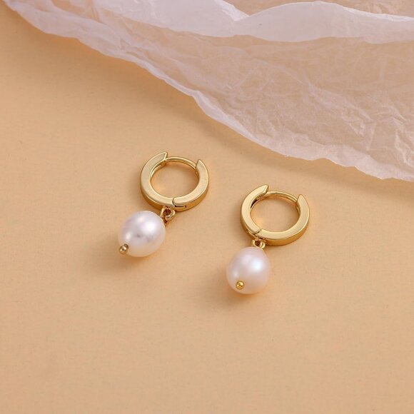 Pearl Drop Earrings Gold Plated Huggie Hoops 10mm Elegant Jewelry for Women - Picture 6 of 9